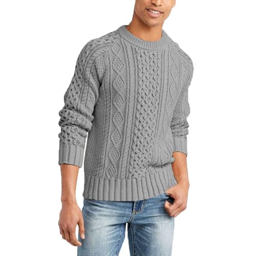 Runcati Mens Long Sleeve Cable Knit Pullover Sweater Fisherman Twist Patterned Crewneck Sweater Grey