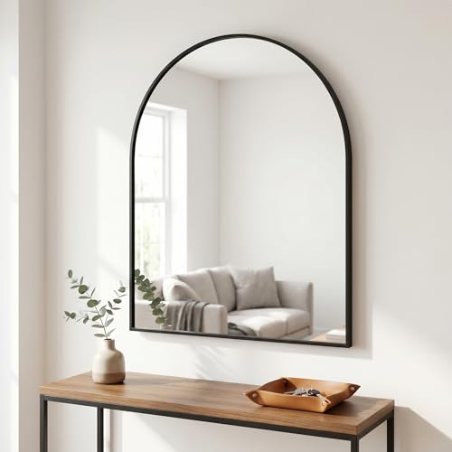 Image of BEAUTYPEAK 26 inchx28 inch Arch Bathroom Mirror, Wall Mounted Vanity Metal Frame Mirror for Bedroom, Entryway, Living Room, Black