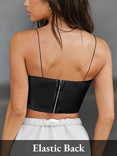 Mebius Womens Corset Tops Leather Bustier Crop Top Spaghetti Strap Sweetheart Neckline Cute Going Out Party Sexy Black S #TOP1