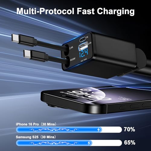 4 in 1 Zigarettenanzünder USB C, Einziehbares Auto Ladegerät 12V USB Adapter Kfz Schnellladegerät mit Typ C Ladekabel für iPhone 17 Pro 16 15, Samsung Galaxy S25 S24 S23 S22 A56 5G A55 A36 A26 A17 A16 – Bild 3