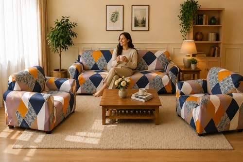 Image of Gifts Island Sofa Cover 3 Seater and 2 Seater Fully Covered Universal 5 Seater Sofa Cover Non-Slip Sticky Elastic Stretchable Sofa Set Slipcover Protector for (3+1+1 Seater) (Orange Prism)