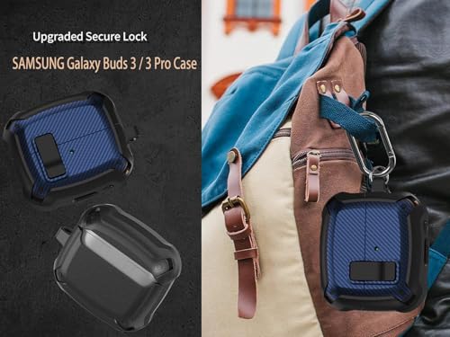 Image of Galaxy Buds 3 Pro /3 /3 FE Case Cover with Secure Lock Clip, Shockproof Samsung Galaxy Buds3 /3 Pro 2024 /3 FE 2025 Protective Hard Cover Shell with Carabiner&Cleaner kit for Men Women, CF Black /Blue