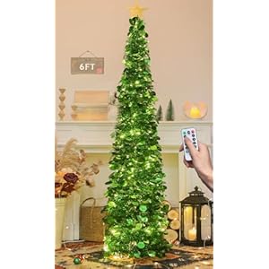 HMASYO 6 FT Pop Up Christmas Tree with 100 LED Lights & Remote, Green Tinsel Artificial Pencil Christmas Tree Xmas Decoration for Home, Office, Party, USB Powered Timer Lights, Easy Assembly HMASYO 6 FT Pop Up Christmas Tree with 100 LED Lights Remote Green Tinsel Artificial Pencil Christmas Tree Xmas Decoration for Home Office Party USB Powered Timer Lights Easy Assembly