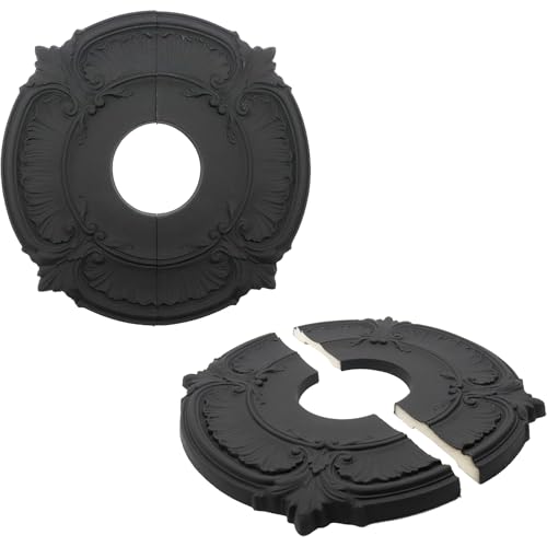 Image of PU Ceiling Medallions 2Pcs, 13.1 Inches x 3.38 Inches, Matte Black | Split Type, Fits 3.38 Inches Canopy, European Vintage Carving Style, Synthetic Foam Construction for Easy Installation