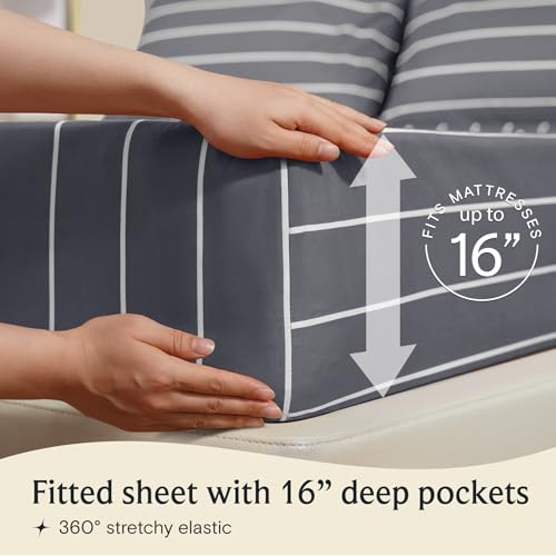 Image of LuxClub 4 PC Cal King Size Sheet Set, Breathable Luxury Bed Sheets, Deep Pockets 18 inch Wrinkle Free Cooling Machine Washable Hotel Bedding (Striped Light Grey)
