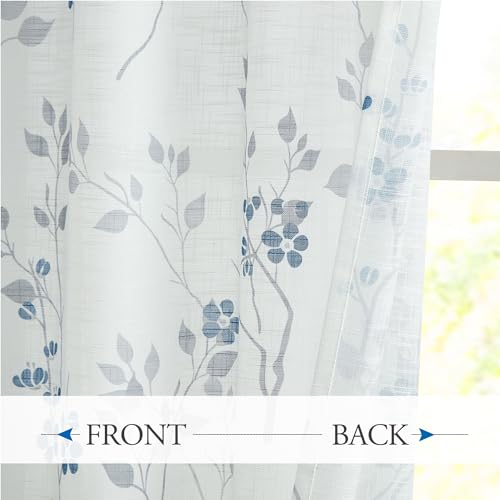 Image of Beauoop Floral Linen Semi Sheer Curtains Living Room Blue Grey 50x54 2 Set