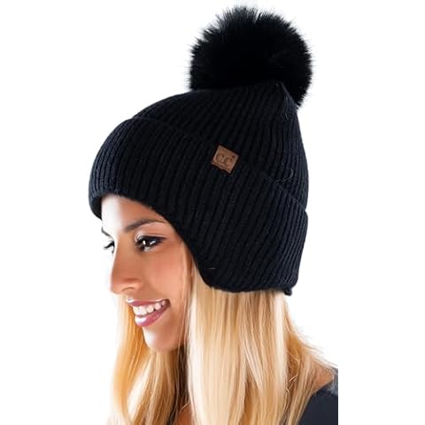 Funky Junque Winter Hats for Women Cold Weather, Ribbed Knit Earflap Beanie with Faux Fur Pom Pom, Warm Ski Cap, Black Cover