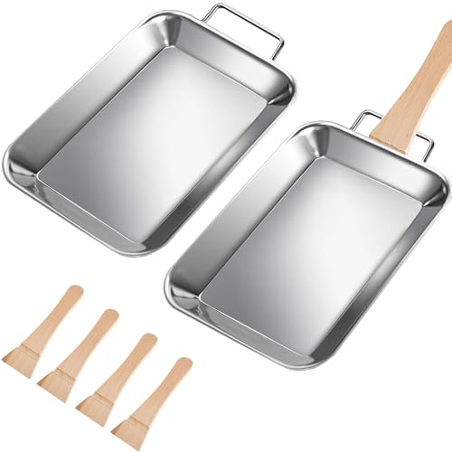 2 Stück Grillschale Edelstahl 20 × 12.8 cm, mit Holzgriff, Hochtemperaturbeständige Grillutensilien, Hart und Verschleißfest, Ideal für Picknicks, Camping, BBQs (Silber)