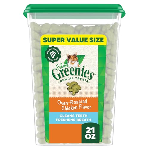 Greenies Feline Veterinarian-Recommended Adult Natural Dental Cat Treats, Oven Roasted Chicken Flavor, 21 oz. Tub
