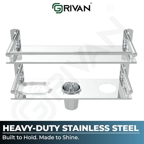 Image of GRIVAN Stainless Steel 6-in-1 Bathroom 2-Tier Shelf Rack with Soap Dish, Toothbrush Holder, Tumbler & Liquid Soap Dispenser (Silver Chrome, 16x10 Inch)