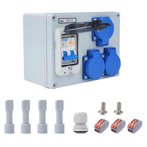 Buyweek Baustromverteiler 16A 250V Wandverteiler 2-Polig Stromverteiler IP54 Wasserdicht FI Schalter Stromverteiler mit 50A 1P+N Auslaufschutz und 3 Schuko-Steckdosen, Starkstrom Verteiler
