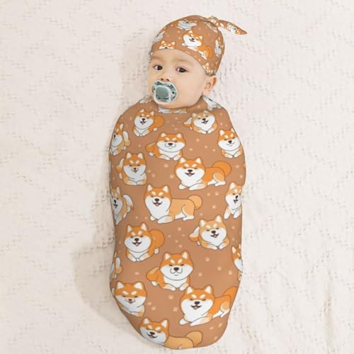 Image of Lovely Japanese Dog Newborn Swaddle Blankets Hat Sets Soft Baby Receiving Blanket Swaddle Sack for Baby Shower Infant Boy Girl Gift