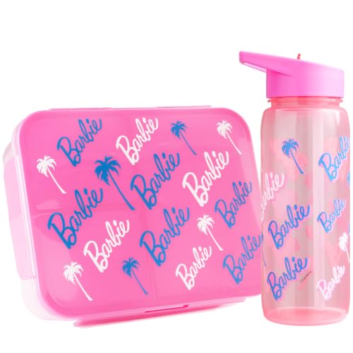 Get Trend Barbie 2Pc Kids Lunch Box Set with 3 Compartment Bento Box & 21.6 fl oz Water Bottle with Straw Lightweight BPA-Free Leak Proof Gifts for Girls (Pink Barbie)
