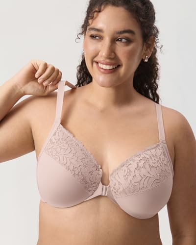 Image of DELIMIRA Women's Front Closure Racerback Bras | Plus Size, Full Coverage, Lace, Underwire, No Padding Unlined