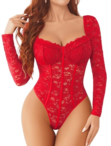 Avidlove Long Sleeve Body Suits Womens Lace Bodysuit Bodysuit Shapewear Sexy Tops for Women Going Out Red M