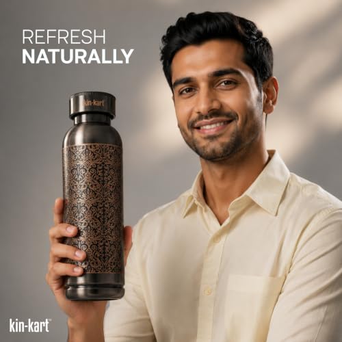 Image of Kin-Kart 100% Pure Copper Water Bottle 1 Liter | Leak Proof Ayurvedic Health Bottle | Eco-Friendly Drinking Bottle Boosts Immunity & Digestion Antique Design (ANTIQUE DOME NECK, COPPER)