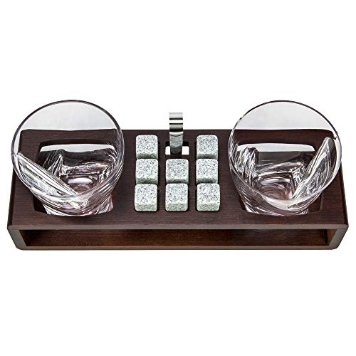 Bezrat Old Fashioned Cigar Whiskey Glasses With Side Mounted Cigar Rest Gift Set - + Whisky Chilling Stones and accessories on Wooden Tray - Scotch Bourbon Glasses – Granite Chilling Rocks (Mahogany)