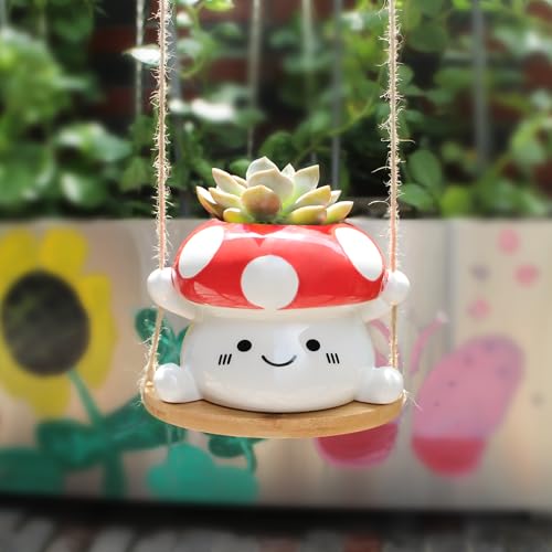 Smile Face Mushroom Swing Planter with Drainage Hole, Mushroom Hanging Planter for Indoor Outdoor Plants, Cute Plant Pots Ceramic Mushroom Face Vase