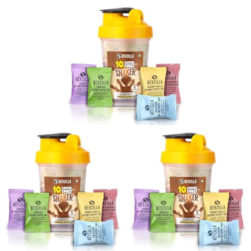 Image of Bevzilla Instant Coffee Cubes & Bottle Pack With 10 Coffee Cubes (2 Cubes Each Flavour) | Hazelnut, Classic, Belgian Chocolate, Irish Cream & Creamy Vanilla | BPA Free Shaker 500 Ml Leak Proof