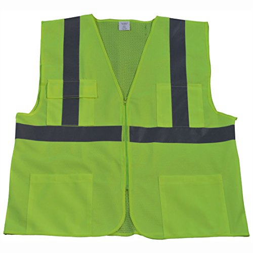 Petra Roc LV2-FSMB-L/XL ANSI Class 2 Front Solid Mesh Back 4 Pockets Zipper Closure Safety Vest, Large/X-Large, Lime Solid/Mesh Back