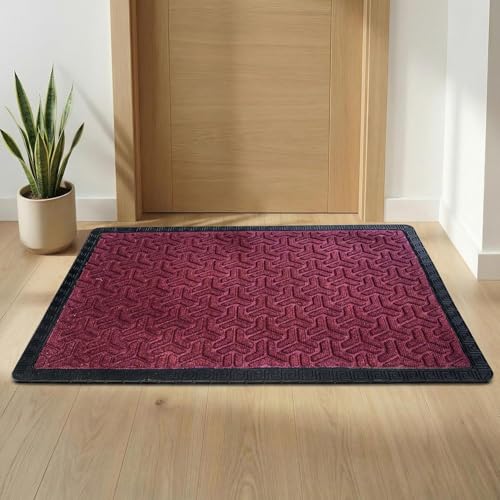 Image of Yellow Weaves Large Size (60x90 cm) Door Mat for Home Entrance, Outdoor Rubber Mat - Non-Slip, Anti Skid Foot Mat, Dirt Trapper, Heavy-Duty, Waterproof Doormat (Triangle Design, Wine Color)