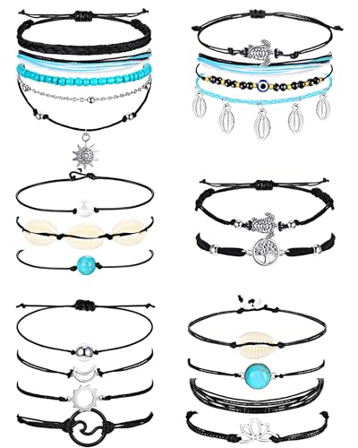 Image of Hicarer 21 PC Surfer Wave Friendship Bracelet Set Waterproof Adjustable Boho Beach String Anklets Bulk, Summer Gift for Women