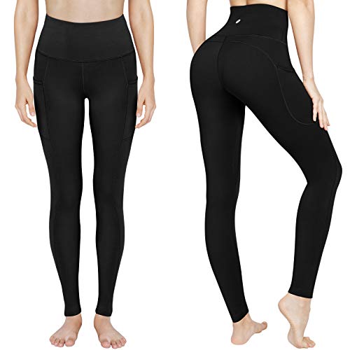 Letsfit High Waisted Leggings for Women, Yoga Pants with Pockets and Tummy Control for Workout Running Cycling Gym, Black, Medium - Thumbnail 2