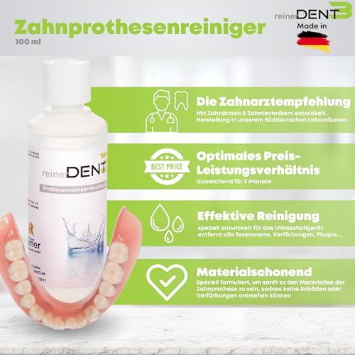 reinerDENT3 Prothesenreiniger Hochkonzentrat 100ml- speziell für Zahnprothesen im Ultraschallgerät, Ultraschallreinigung - die Zahnarztempfehlung