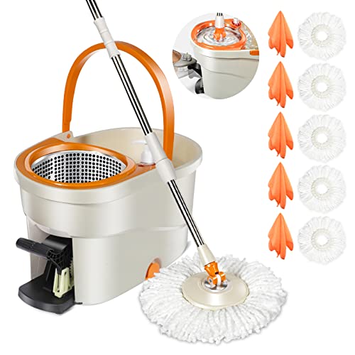 Myiosus Kit Balai Serpillère et Seau Essoreur, Serpillere en Microfibre et Seau Essoreur à Pédale, Balais pour Nettoyage Sols - 5 Tampon + 5 Chiffon de Nettoyage (Blanc)