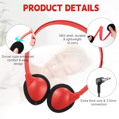 Image of Konohan 10 Pack Headphones Bulk Headphone for School Classroom Student Wired Headphones Adjustable with 3.5 mm Jack for Adults (Red)