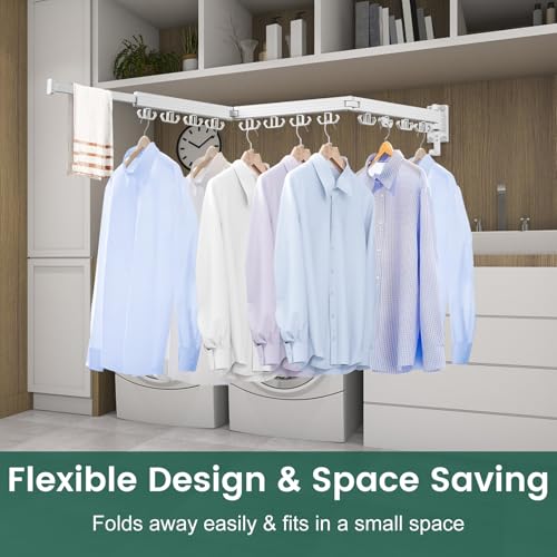 Kelisiting Wall Mounted Clothes Drying Rack, Laundry Drying Rack Wall Mount, 3-Fold Drying Rack Clothing, Foldable Clothes Drying Rack with 12 Dual Hooks Organization for Laundry Room Indoor - White - Image 6
