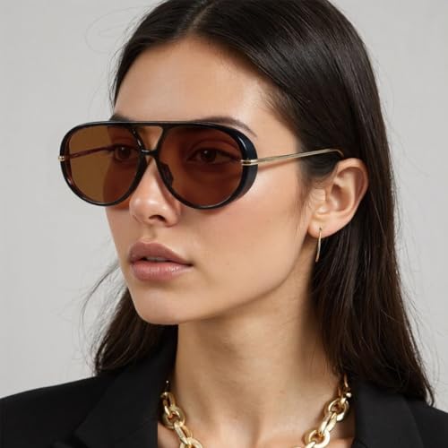 Oversized Aviator Sunglasses for Women, Fashion Large Big Frame Sun Glasses 2025 Designer Ladies Shades (A2-Black Frame Brown Lens)2