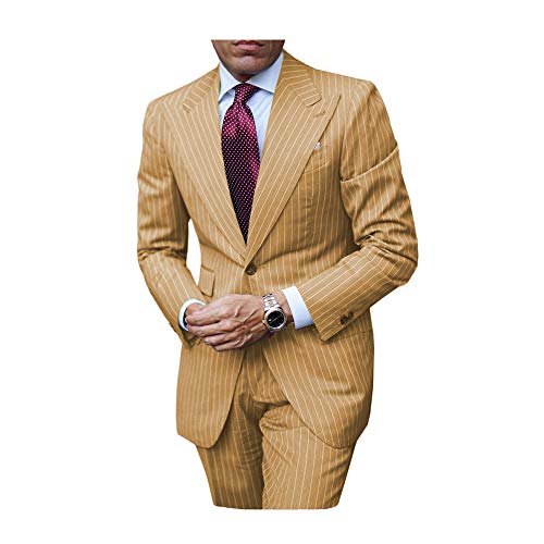 Jiaoyunshi 2 Piece Casual Men Suits-V Neck Notched Lapel Groomsmen Prom Tuxedo Pinstripe Suit for Men (Jacket and Pants)
