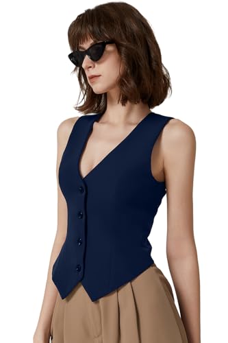 QINSEN V Neck Vest for Women Button Up Sleeveless Lined Fashion Casual Crop Waistcoat Navy L2