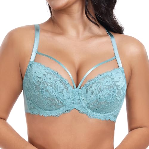HACI See Through Bras for Women Sparkly Sexy Underwire Full Coverage Plus Size Unlined Lace(Turquoise Blue,32D