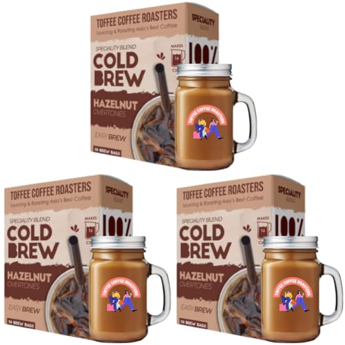 Image of Toffee Coffee Roasters | Hazelnut Cold Brew | Free Mason Jar | Easy Brew Grounded Coffee Freshly Roasted | Pack of 9 Bags | 100% Arabica | Makes 12 Cups