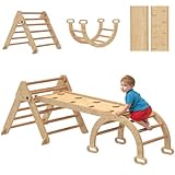 AIYAPLAY 7-in-1 Montessori Klettergerüst Indoor, faltbar Holz Kletterdreieck mit Rutsche, Bogen, Indoor Spielplatz für Kinder von 1,5-4 Jahre, Naturholz