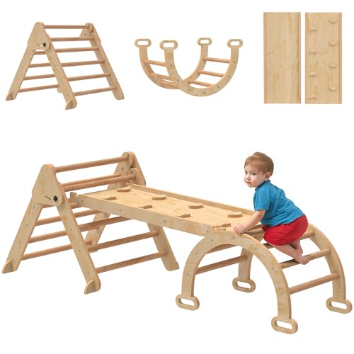 AIYAPLAY 7 en 1 Triángulo de Escalada Montessori con Arco y Rampa, Escalada para Niños de Madera Plegable, para 18-48 Meses, para Deslizarse o Escalar, 188x70 cm, Natural