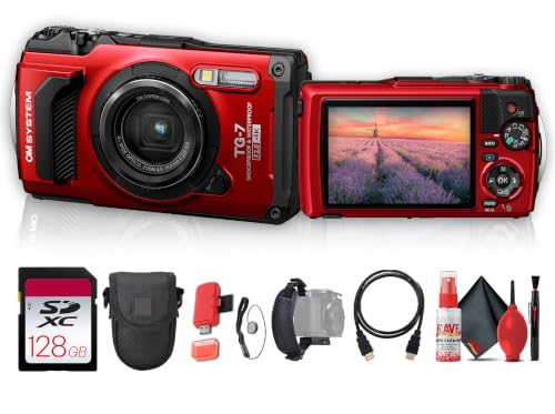 OM SYSTEM Tough TG-7 Digital Camera (Red) (V110030RU000) Bundle Including: 128 GB Memory Card HDMI Cable Card Reader Hand Strap Cap Keeper Full Cleaning Kit
