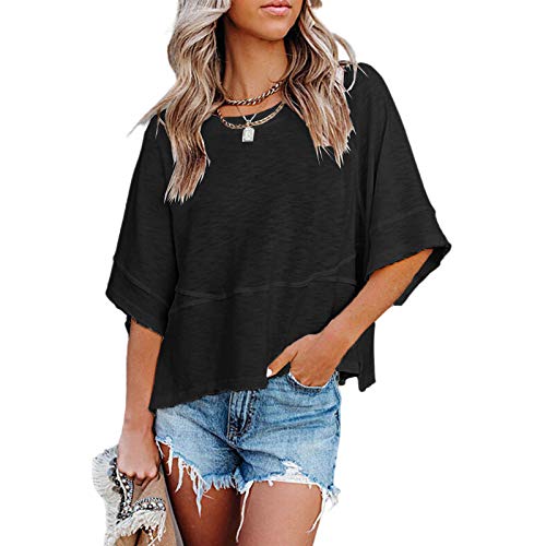 GeGekoko Damen T-Shirt Sommer Kurzarm Rundhals Shirt 1/2 Arm Fledermausärmel Oberteil Casual Lose, Schwarz, L