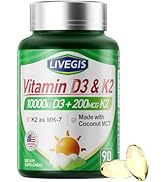 LIVEGIS Vitamin D3 K2 Softgels, D3 10000 IU with K2 (MK-7) 200 mcg with Coconut Oil Softgels, Eas...