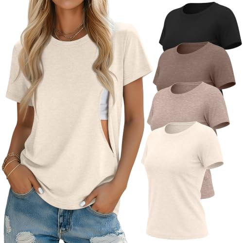 Oakgarden 4 Pack Womens Nursing Breastfeeding Shirts with Zipper Loose Fit Short Sleeve Maternity Top Nursing Clothes(Cream Light Camel Coffee Black XX-Large)