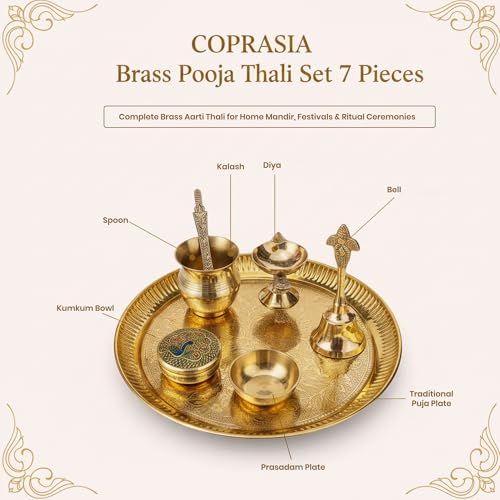 Image of Traditional Brass Puja Thali Set for Mandir & Festivals | Brass Aarti Thali Plate for Bhog, Diya & Pooja Rituals | Ideal for Diwali Navratri Karwa Chauth Home Temple Decor (Set of 7)