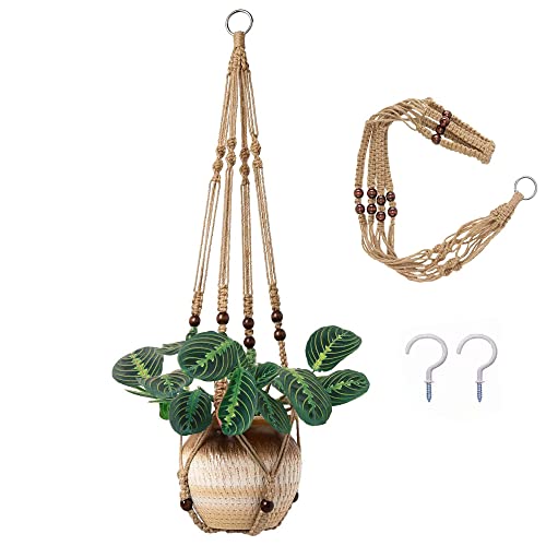 AKEIE Brown Macrame Plant Hanger Indoor Outdoor Plant Holder Basket 41'' Hanging Planter Rope w/Wood Beads No Tassels for Indoor Outdoor Boho Home Decor(Brown)
