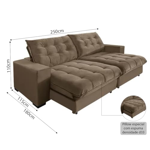 Sofá Califórnia Retrátil e Reclinável 5 Lugares 2,50m com Molas Ensacadas e Pillow Castor