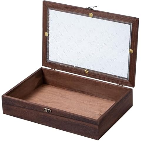 Useekoo Wooden Storage Box with Front Clasp & Hinged Glass Lid, 11.8"x7.8"x2.7" Wood Keepsake Boxes for Jewelry, Card, Peals, Rustic Memory Gift Box Wedding, Anniversaries Birthday, Vintage Color Cover
