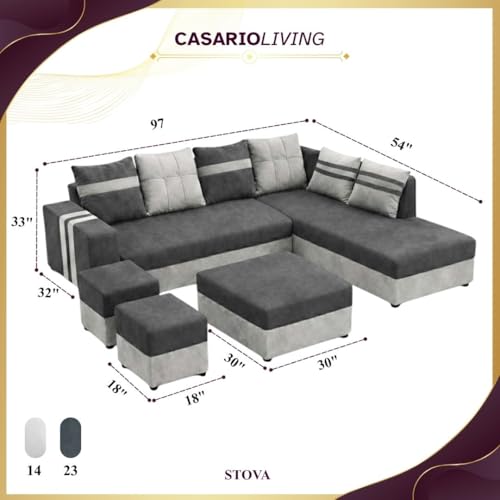 Image of Stova Luxe Velvet-Suede Fabric 8 Seater RHS Sofa Set | with 2 Ottomans& Centre Table| Comfortable & Spacious Seating | Modern Sofa Set for Living Room - Light Grey & Dark Grey