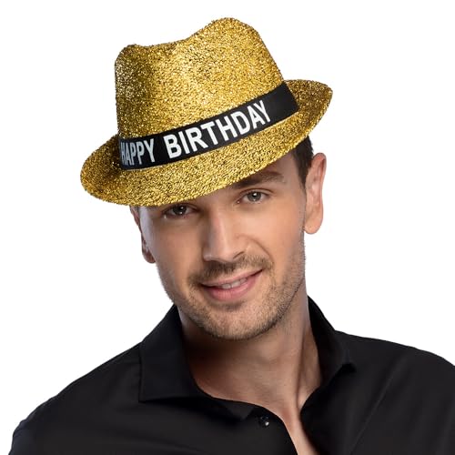 Boland 00941 - Hoed Sparkling Happy Birthday, verjaardag, goud, glitter, zwarte band met wit opschrift, accessoire, cadeau, outfit, feest - Afbeelding 4