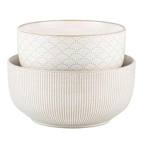 Mikiegy Ceramic Mixing Bowls Set of 2 Nesting Ceramic Embossment Stoneware Mixing Bowls for Cooking Serving Popcorn Salad etc Microwave & Dishwasher Safe 98/145 oz Off-White