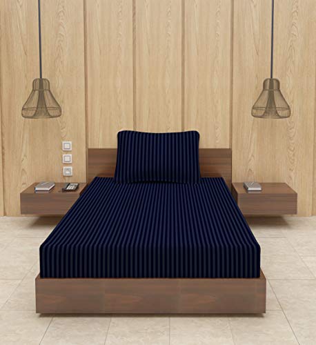 Image of BEVI - Home Premium Self Striped Single Bedsheet with 1 Pillow Cover 300 TC Ultra-Soft 300 TC Microfiber Bed Sheet| Size (60 inch x 90 inch) Navy Blue